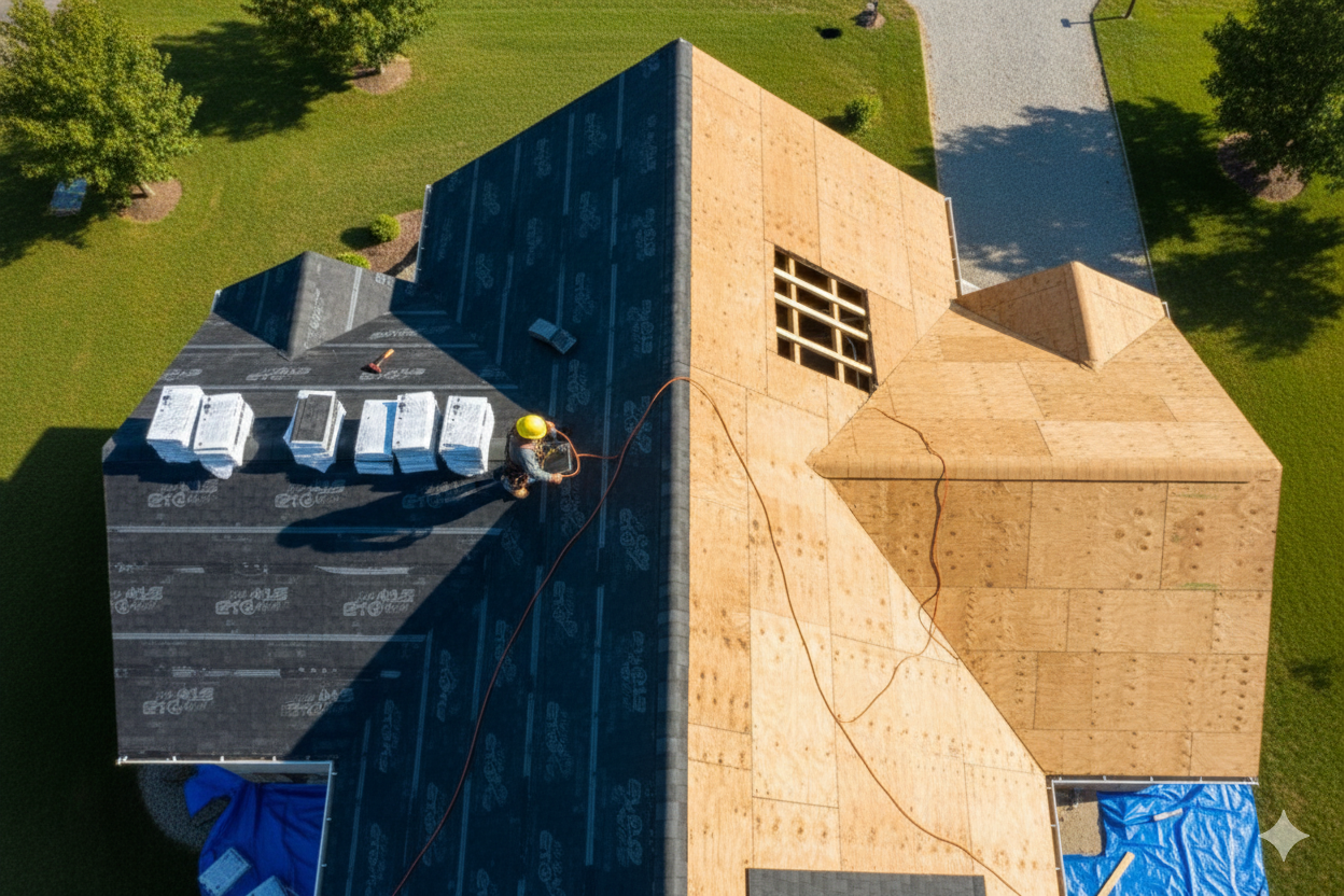 Workers doing some repair and replacement of the roof materials