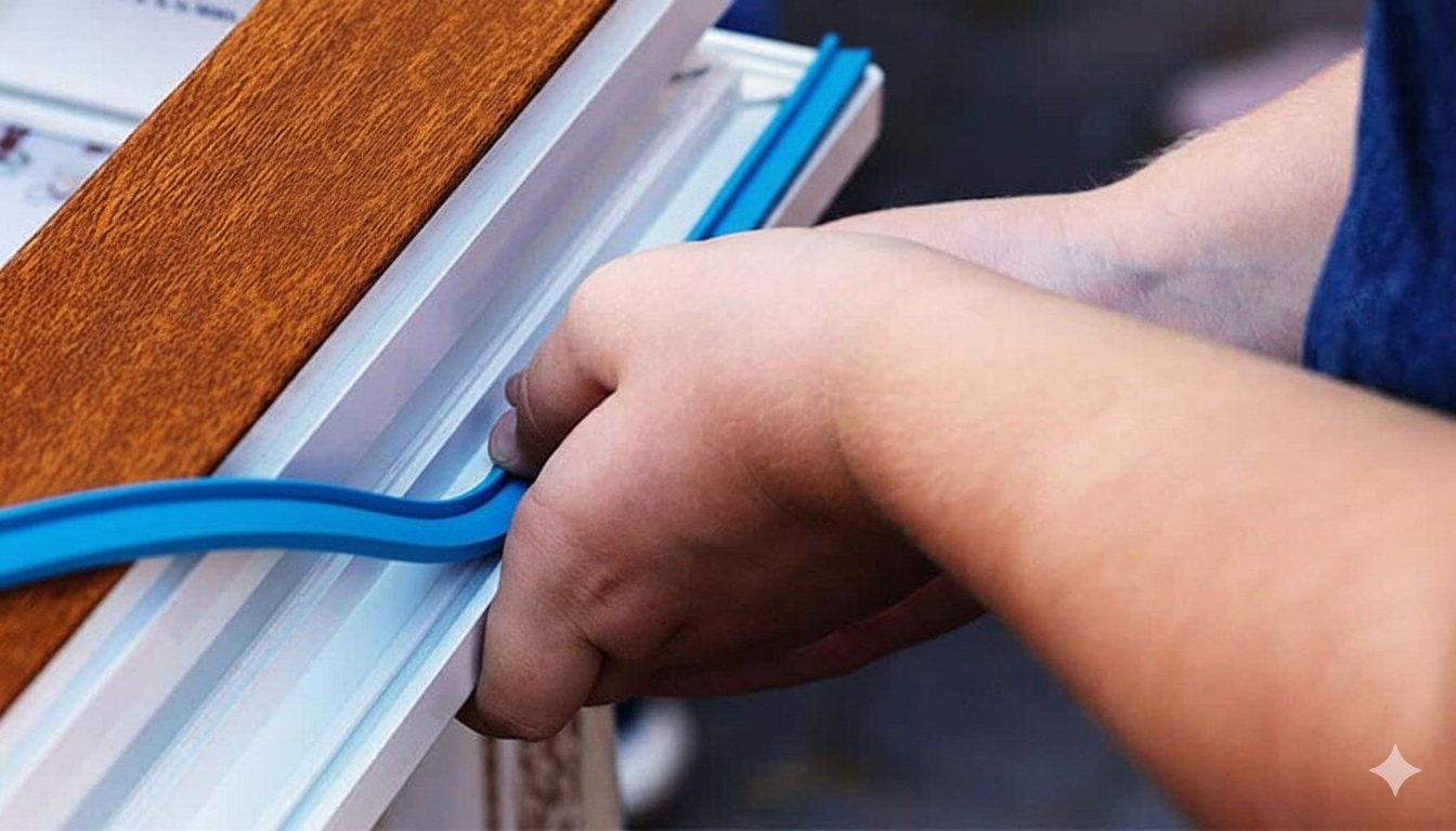 Person installing of weatherstripping